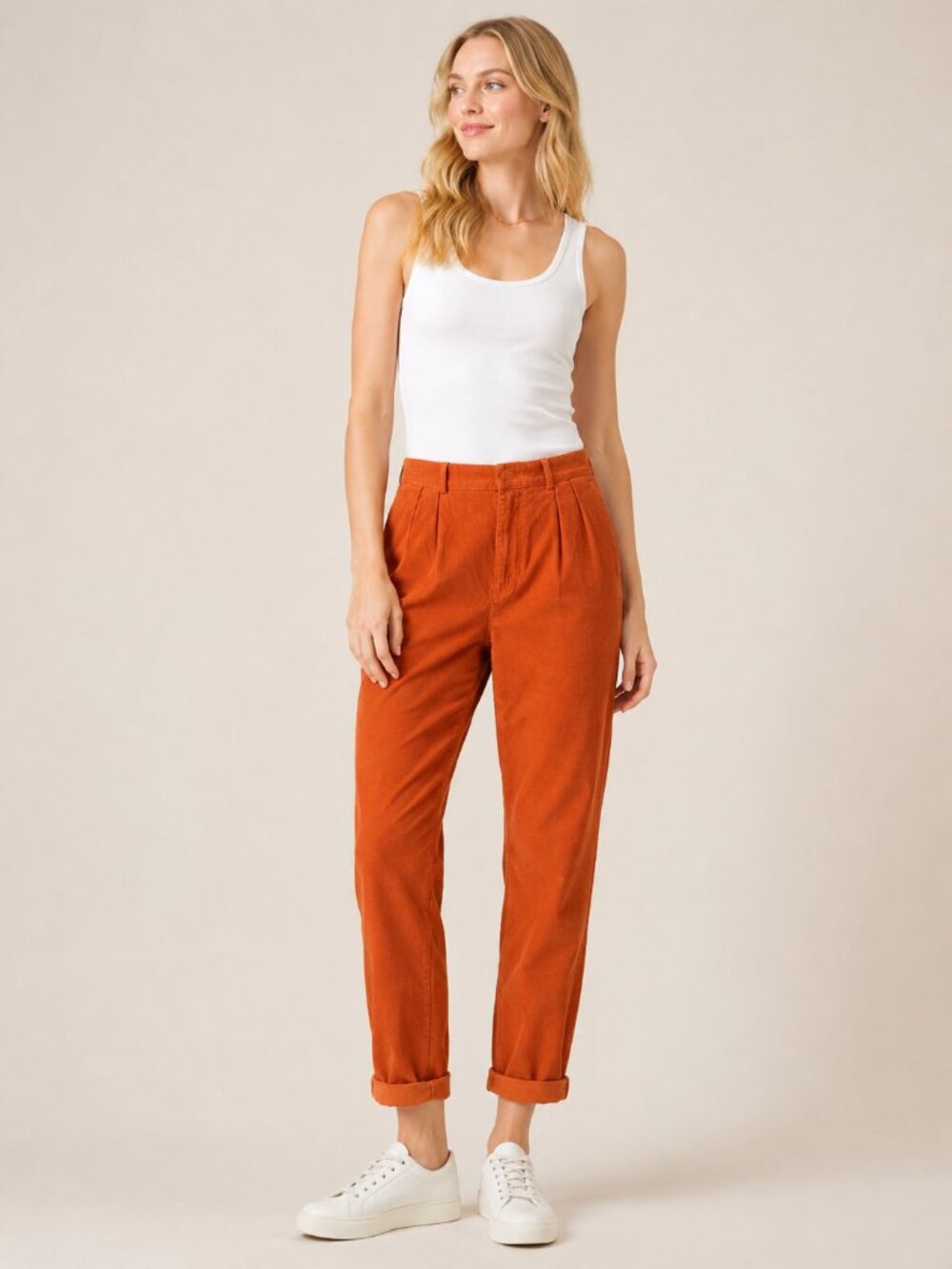 2/$30 Lands' End Pleated Corduroy Pant Mid Rise Orange 33R #A4272